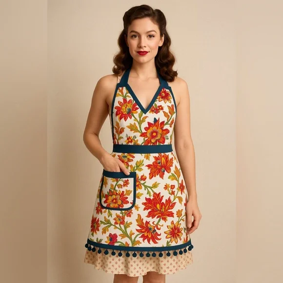 Sur La Table Floral Chinoiserie Apron w/ Pom Pom Trim - Vibrant Kitchen Chic - Picture 8 of 8